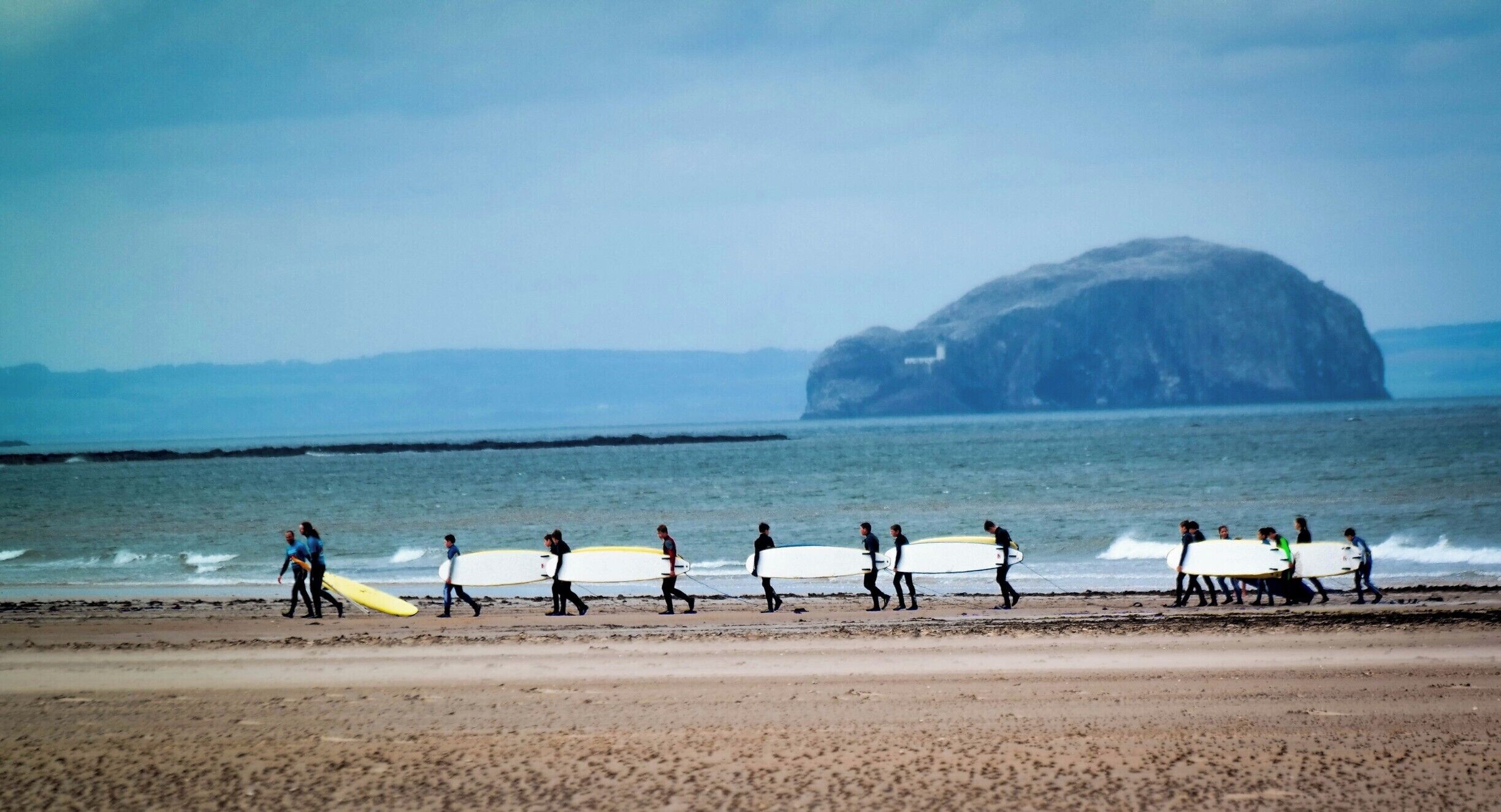 The Bass Rock, seen here from Belhaven Bay.  This island is a volcanic remnant and as such is comprised chiefly of basalt. it lies 3 miles off the coast from North Berwick. Unlike many small islands of it's size it has a colourful history of royal visits, political prisoners and literary mentions, most notably in  R L Stevenson's  'Catriona.'
It is currently home to the worlds largest colony of Northern Gannets and is a nature reserve managed by the Scottish Seabird Centre.