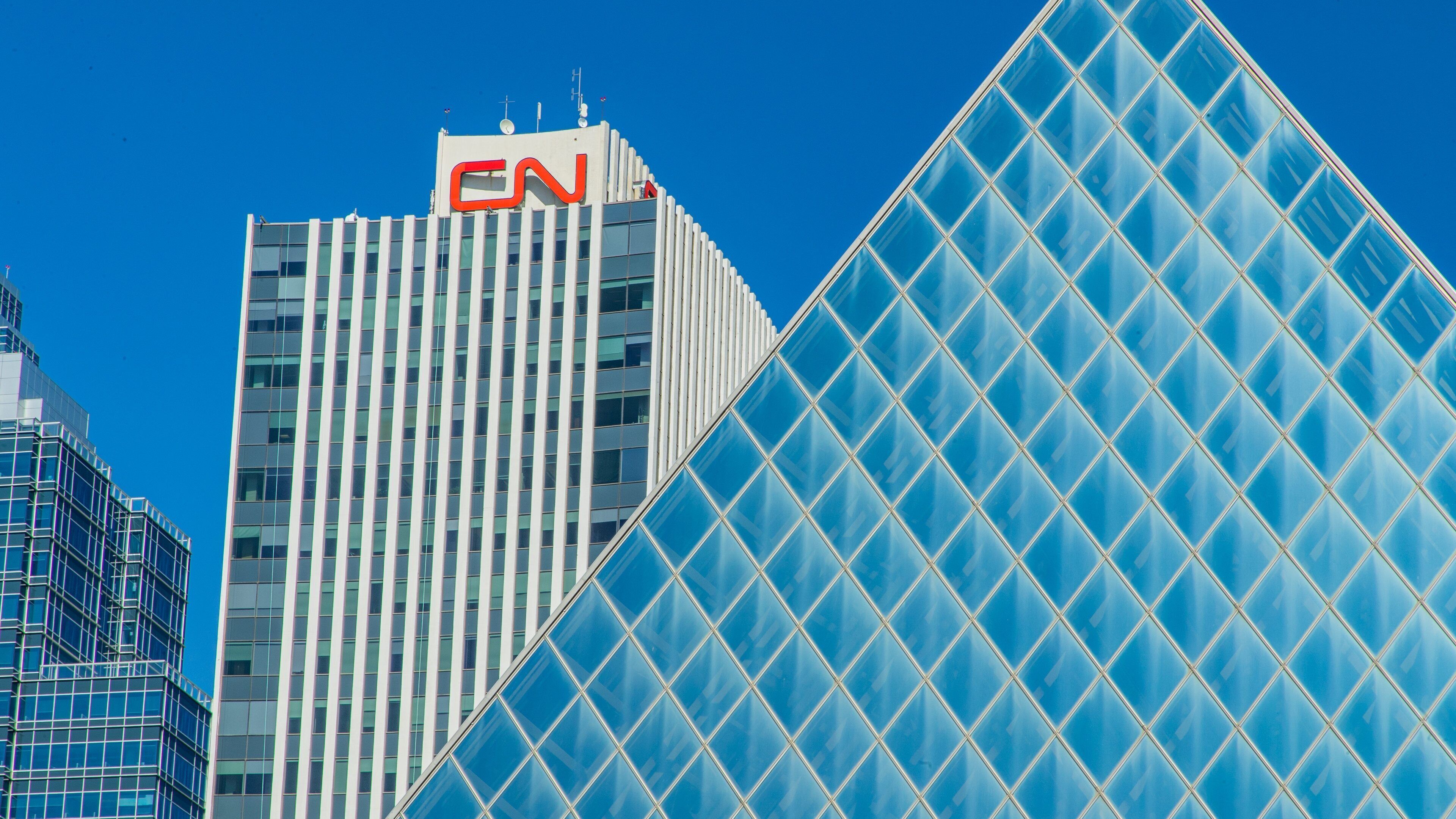 Edmonton City Hall showing signage, a skyscraper and a city