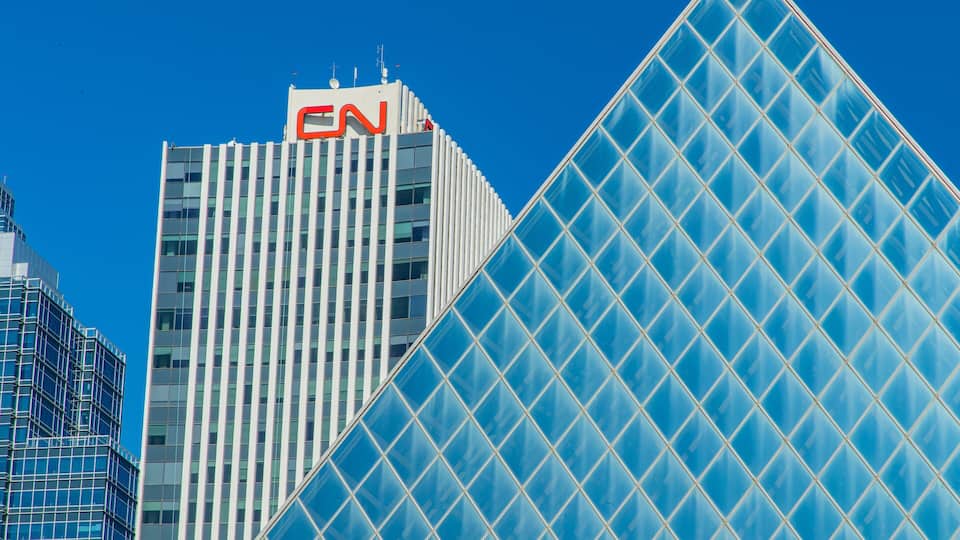 Edmonton City Hall showing signage, a skyscraper and a city