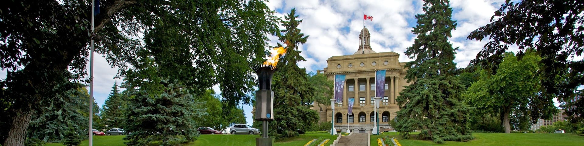 Alberta Legislature Building featuring art, outdoor art and a fountain