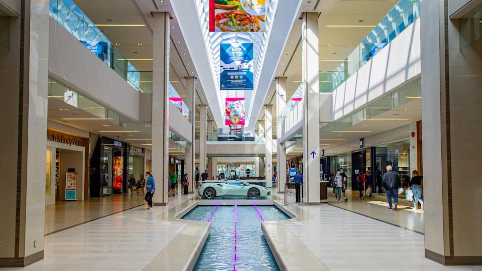 West Edmonton Mall which includes interior views, shopping and a fountain