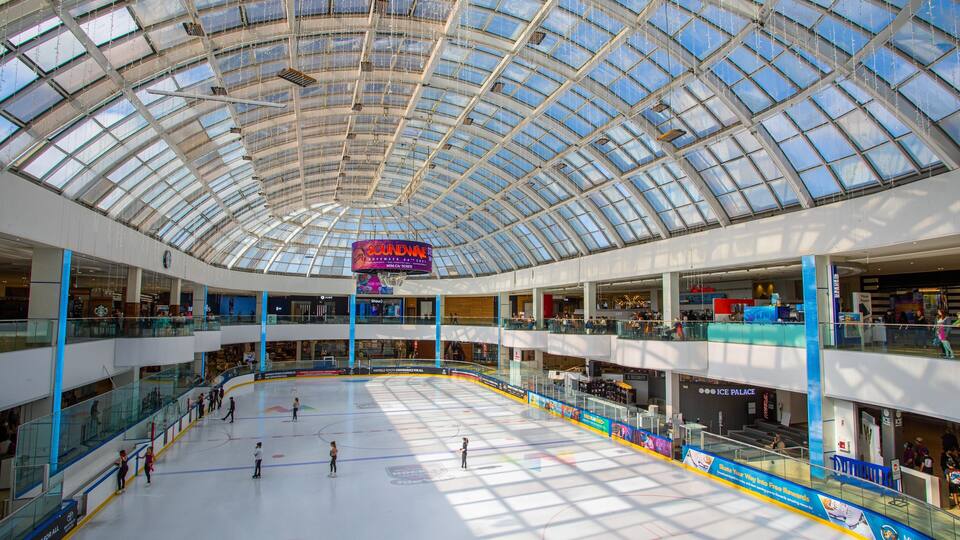 A multi-level indoor ice rink in a shopping mall with a glass ceiling.
