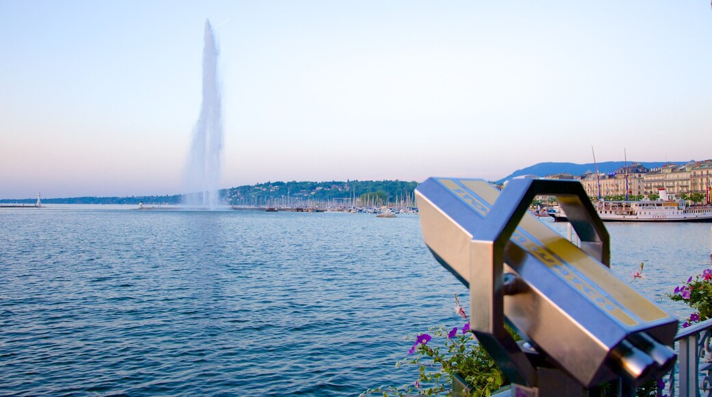 Jet d\'Eau Fountain which includes a fountain, a lake or waterhole and views