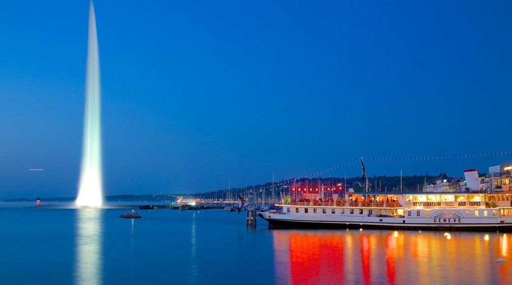 Fuente Jet d\'Eau ofreciendo una fuente, un lago o espejo de agua y escenas de noche