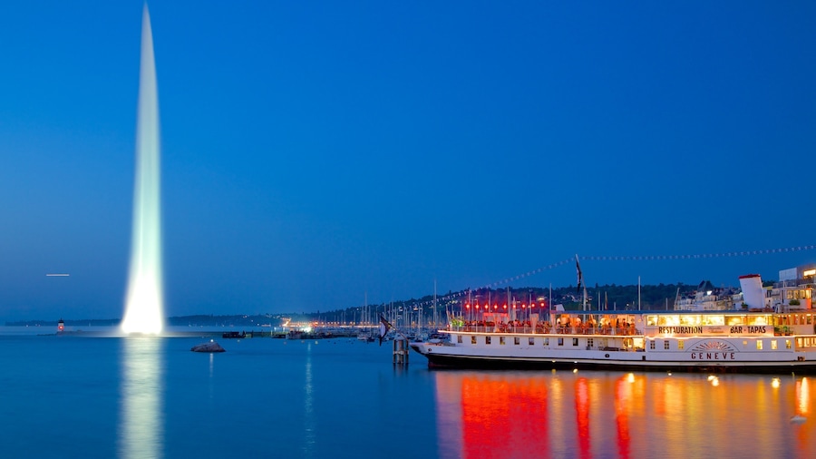 Jet d\'Eau-fontein bevat een fontein, een meer of poel en nachtleven