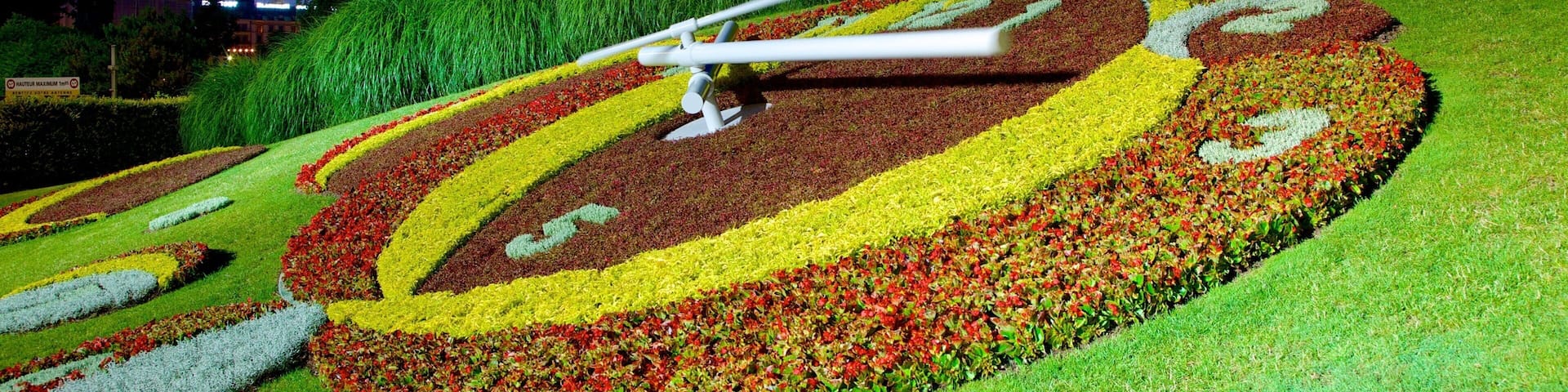 A meticulously landscaped garden with a large, circular flower bed featuring a variety of colorful flowers and a prominent white sculpture.