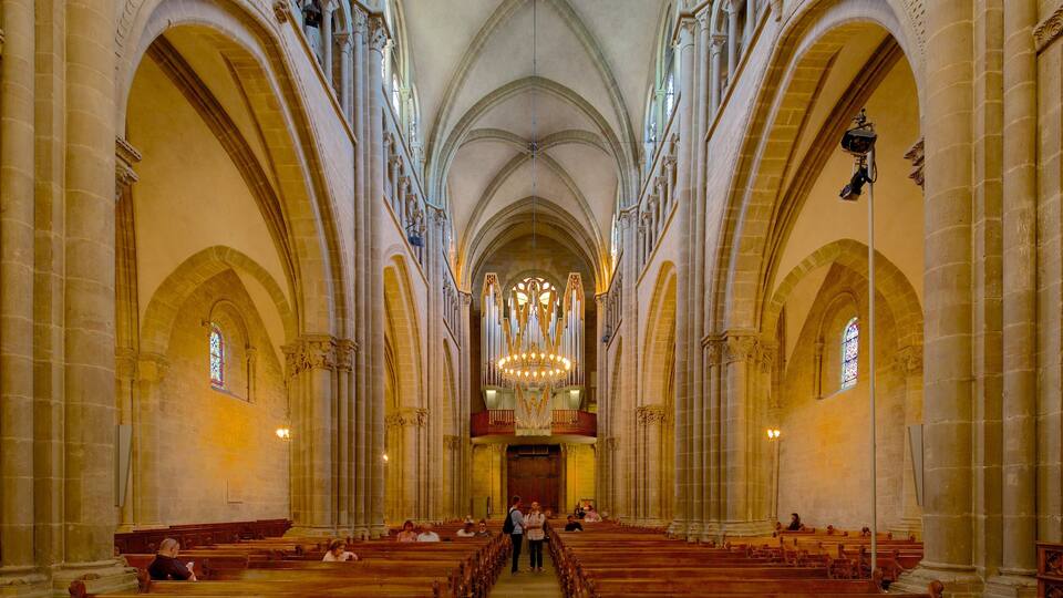 A cathedral interior with high vaulted ceilings, arched windows, and a central aisle leading to an altar.