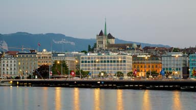Saint-Pierre Cathedral which includes a lake or waterhole and city views