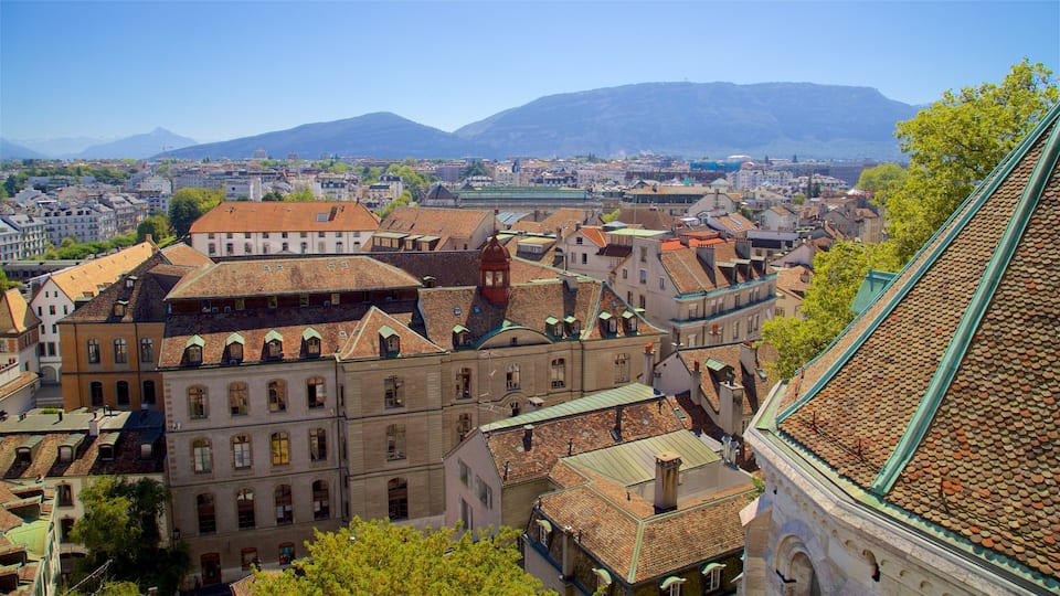 A cityscape with historic buildings, a prominent church, and mountains in the background.