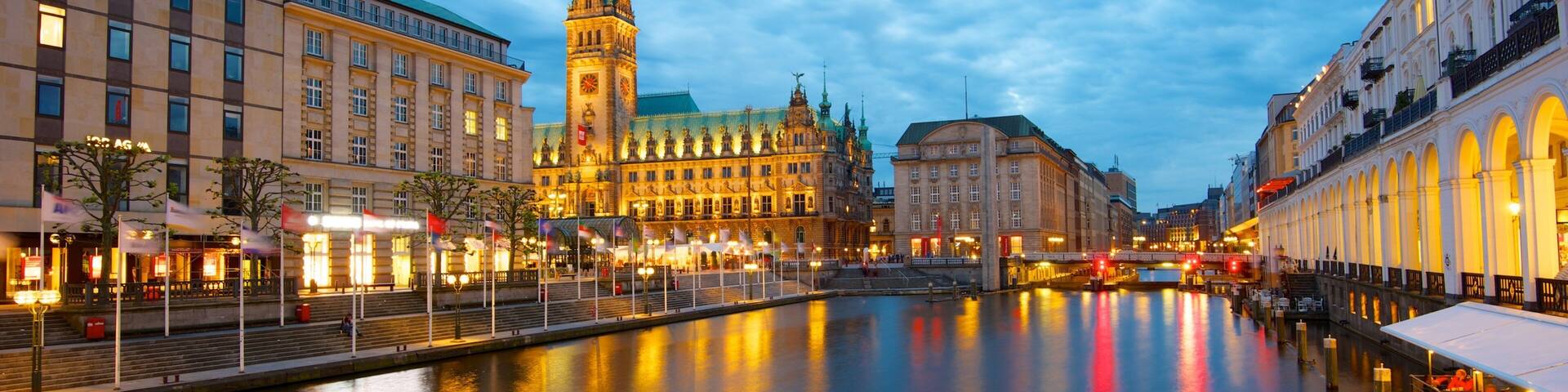 Hamburg City Center which includes a city, heritage architecture and night scenes