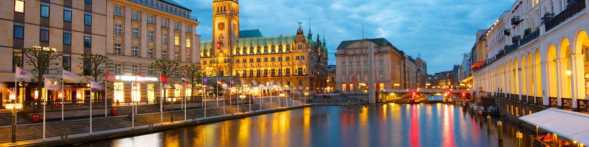 Hamburg City Center which includes a city, heritage architecture and night scenes