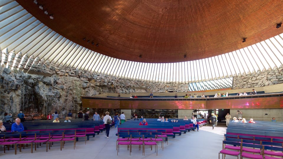 Temppeliaukio Church showing a church or cathedral and interior views