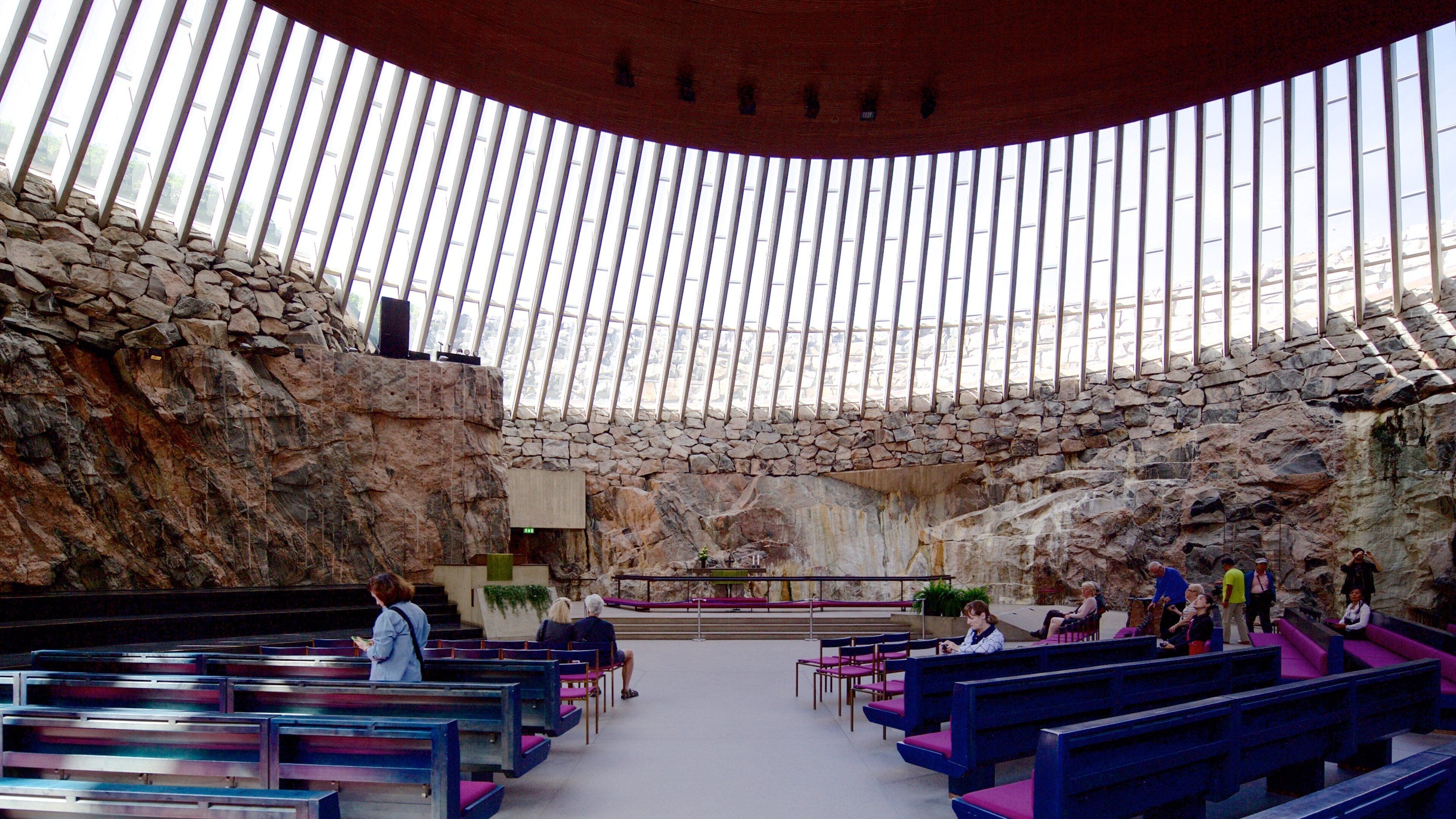 Temppeliaukio Church which includes a church or cathedral and interior views