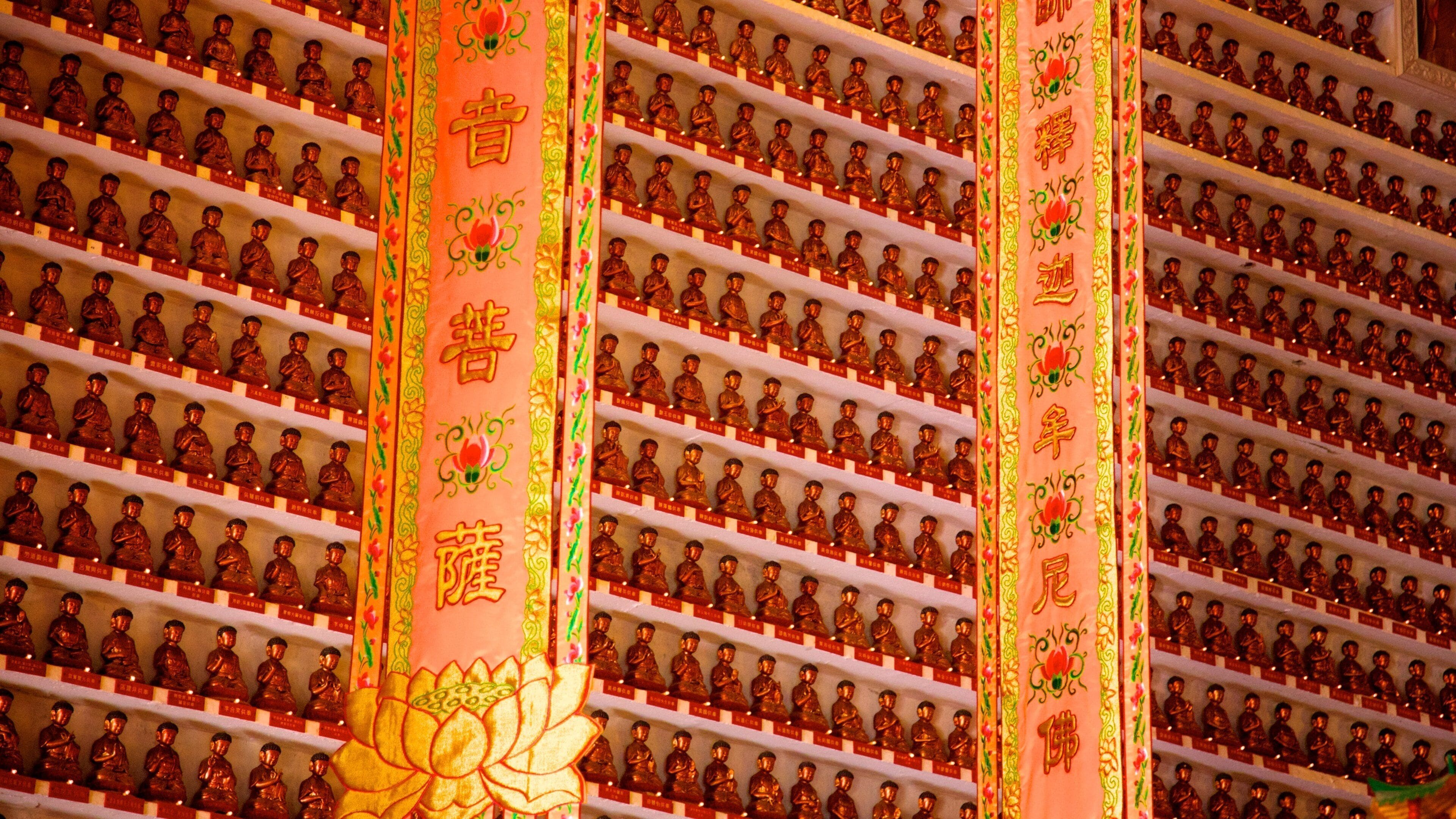 Rows of bronze Buddha statues with golden floral decorations.