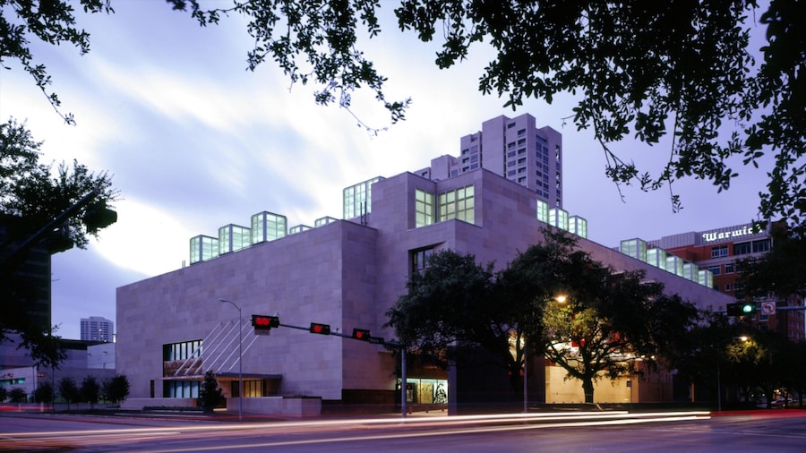 Houston Museum of Fine Arts showcases modern architecture in urban setting at dusk