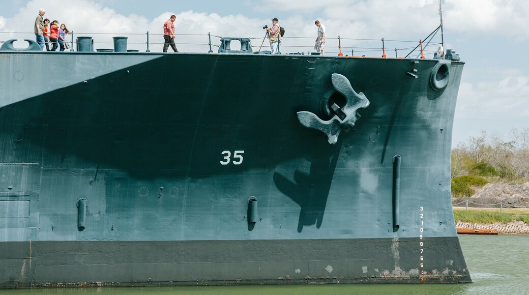 Battleship Texas which includes a marina and military items