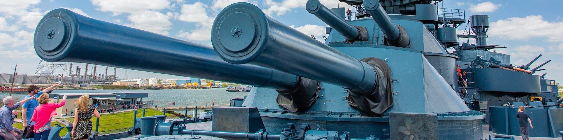 Battleship Texas showing military items and a marina