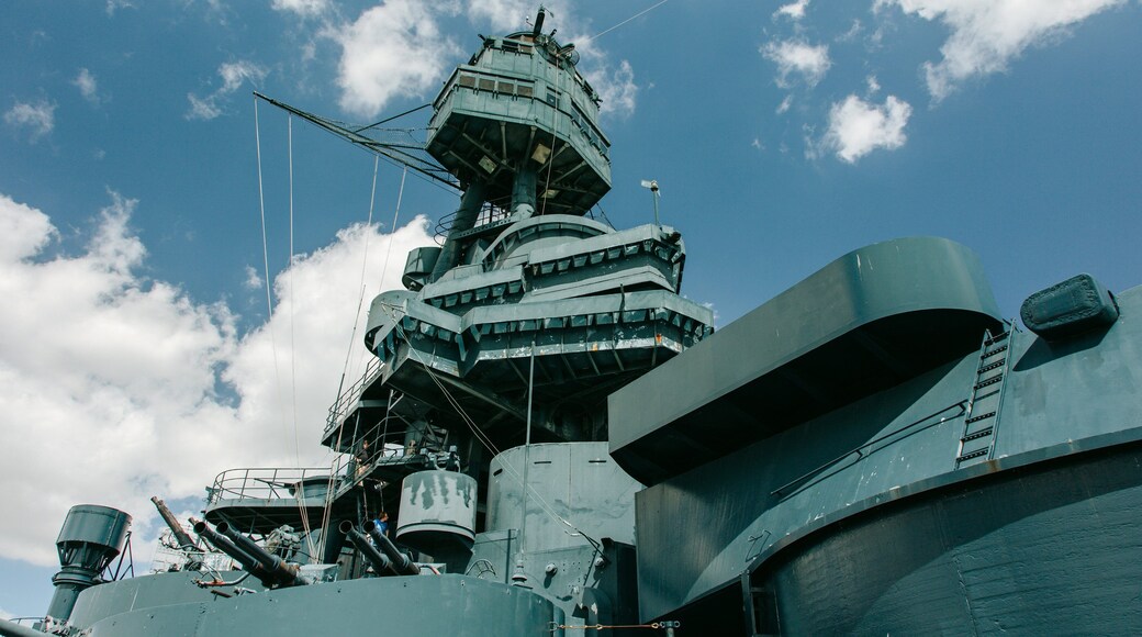 Battleship Texas showing military items and a marina
