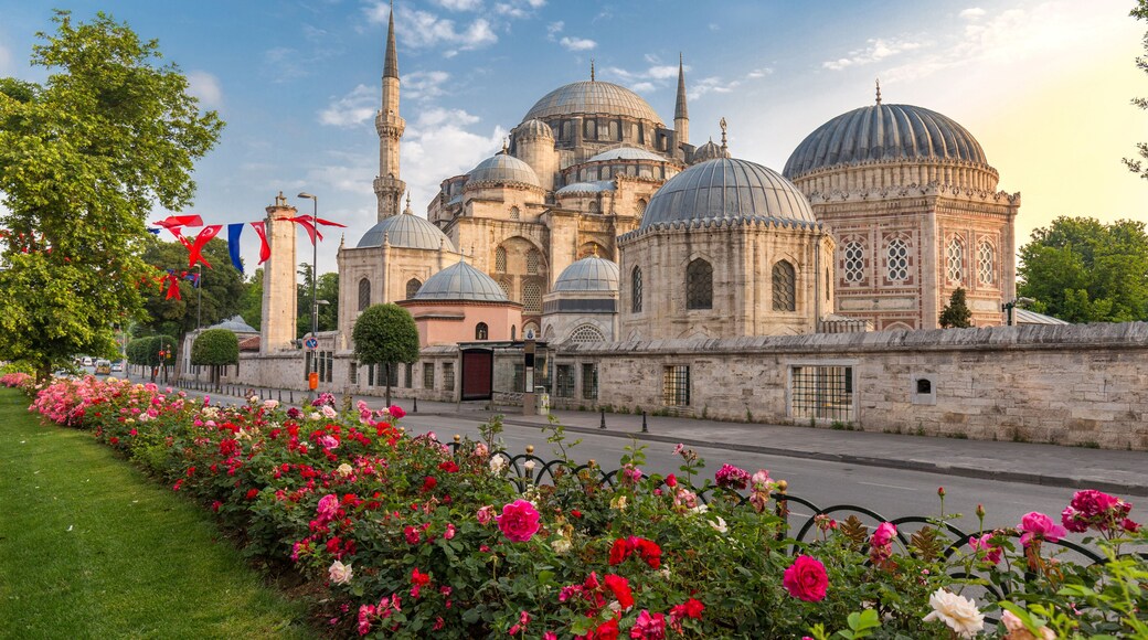Sehzade Mosque or the Prince Mosque on sunset with flowers in Istanbul