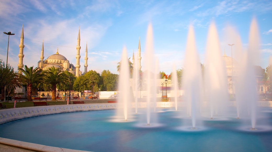 Blue Mosque which includes a fountain, a mosque and a pond