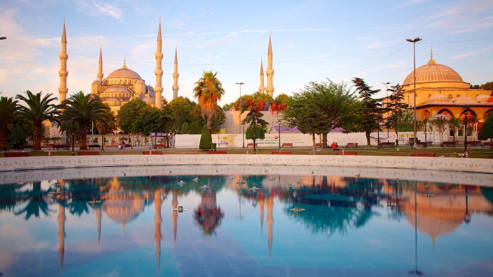 Blue Mosque featuring a mosque, heritage architecture and a pond