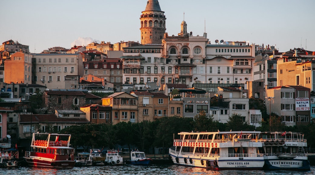 Galata Tower showing a bay or harbor and a sunset
