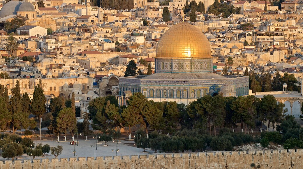Dome of the Rock which includes heritage architecture, a city and landscape views