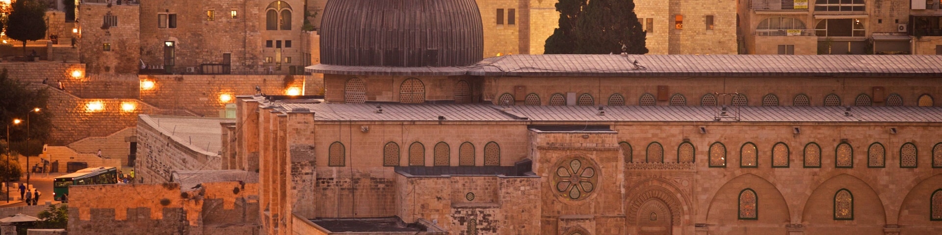 Al-Aqsa Mosque which includes a city, landscape views and night scenes