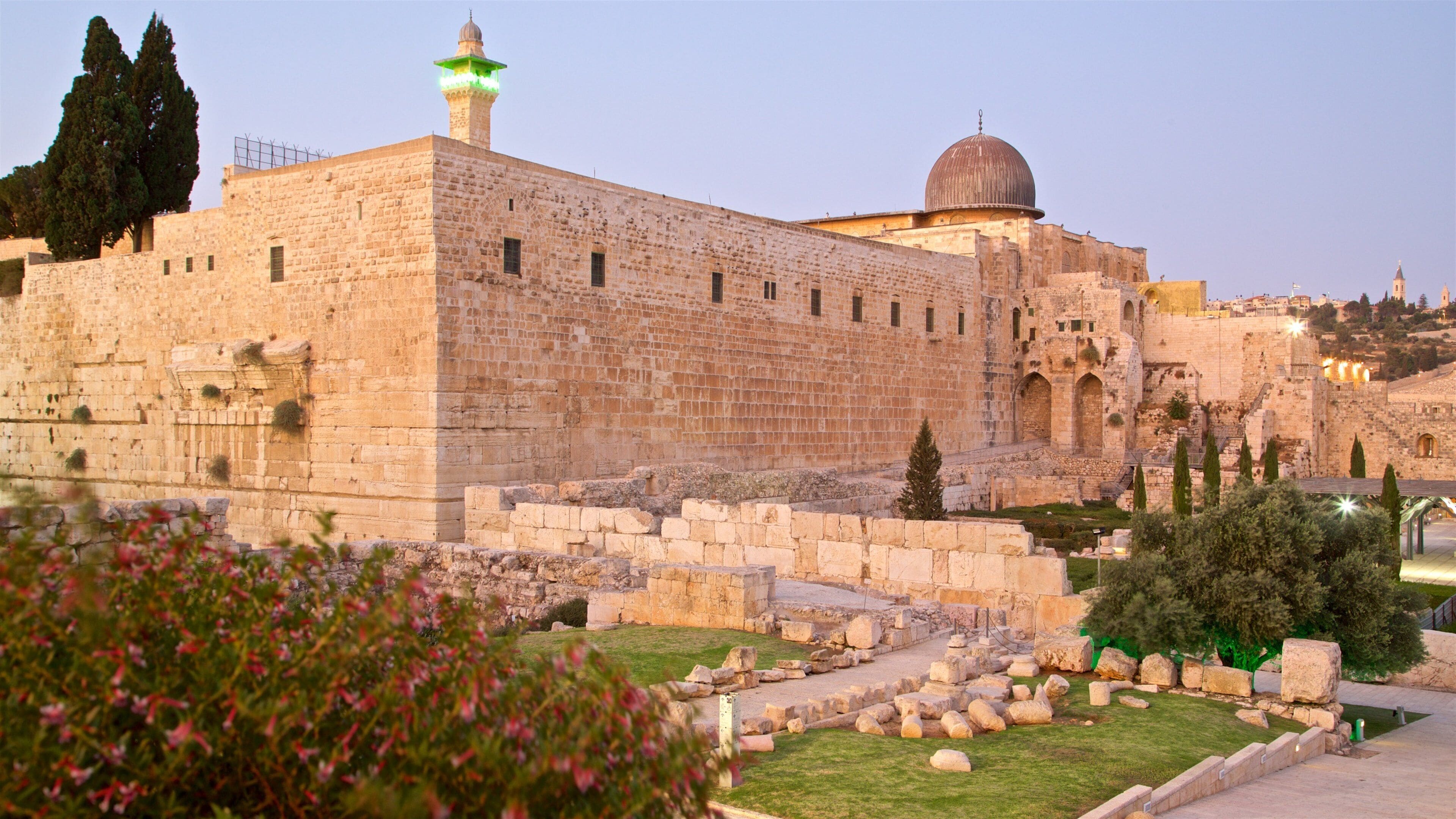 Al-Aqsa Mosque showing heritage architecture, building ruins and wildflowers