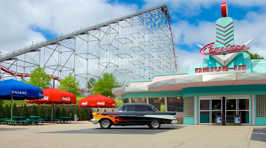 Worlds of Fun showing rides, signage and café scenes
