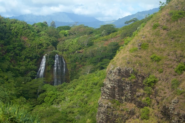 Opaekaa Falls showing mountains and a cascade