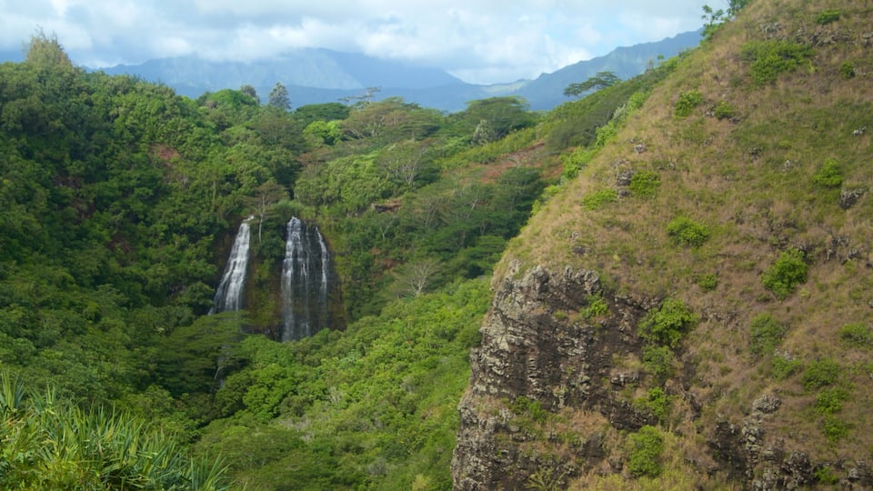 Opaekaa Falls which includes a cascade and mountains