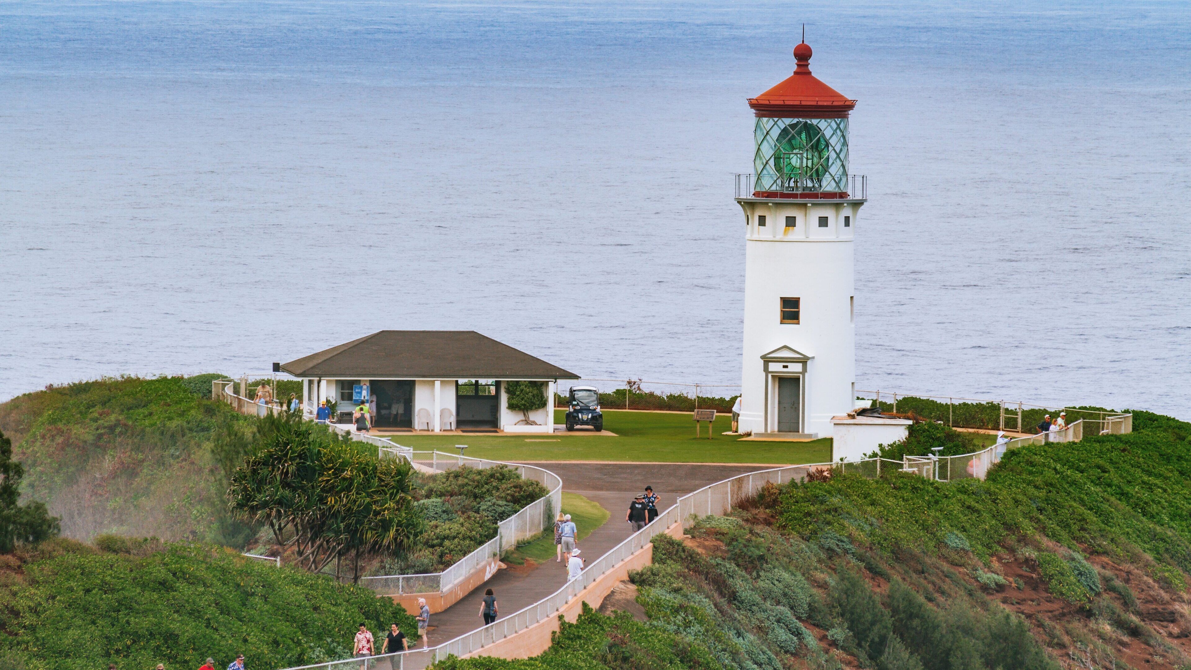 Kilauea Lighthouse views over the Pacific Ocean in Princeville, Hawaii, showcasing a historic structure and vibrant coastal landscape