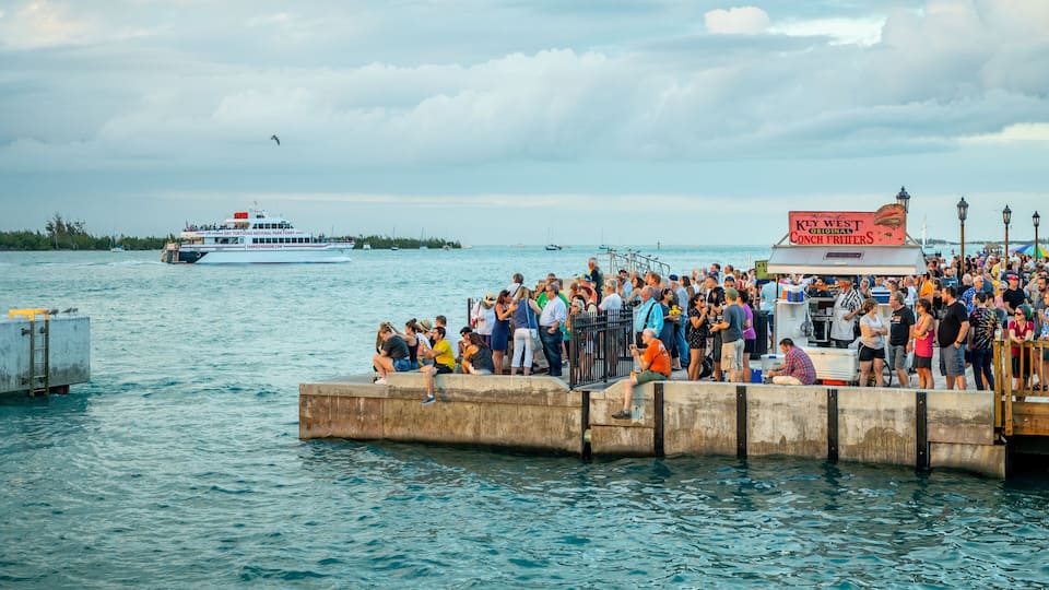 Mallory Square showing general coastal views as well as a large group of people