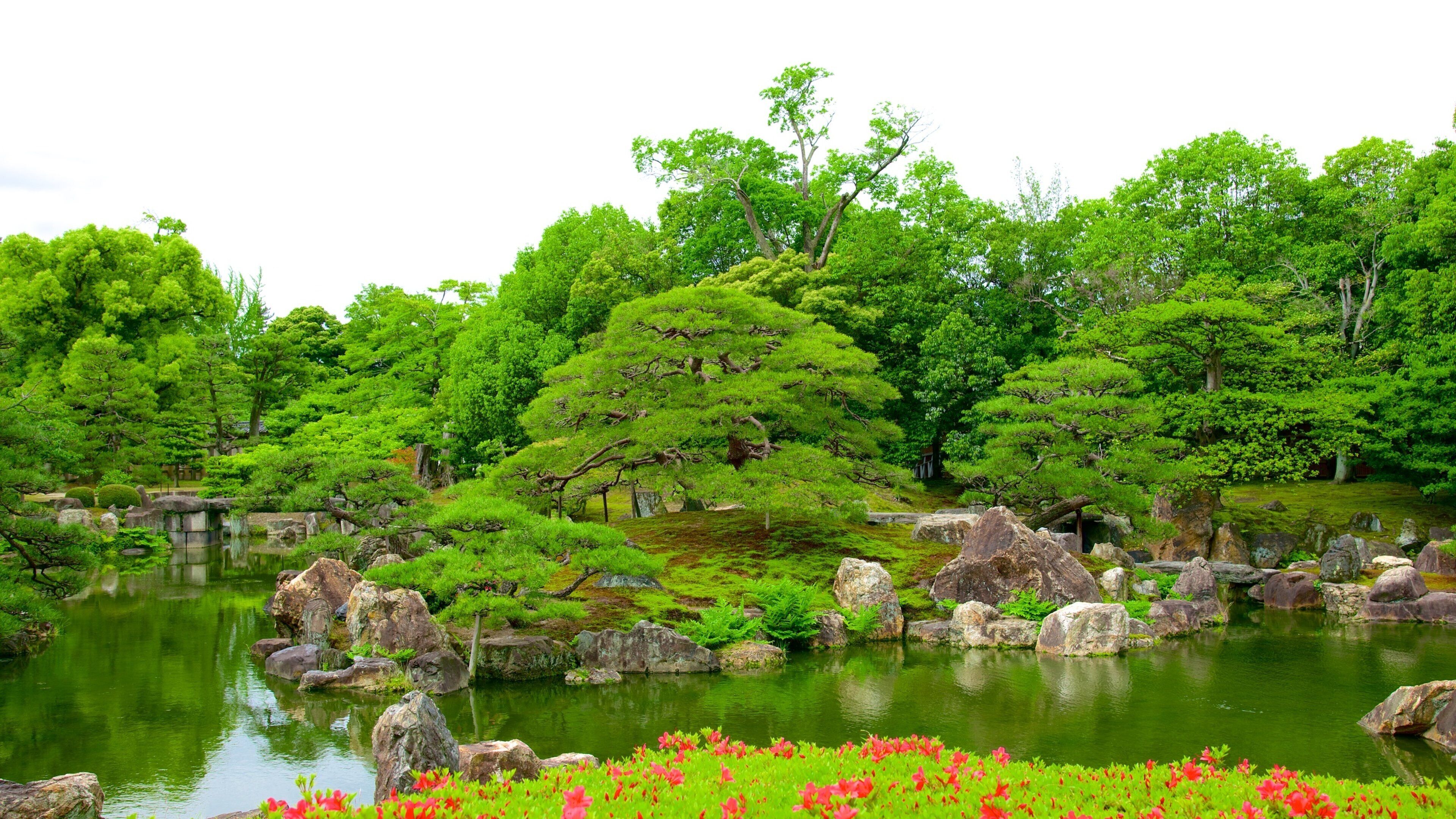 Nijo Castle featuring landscape views, a pond and flowers