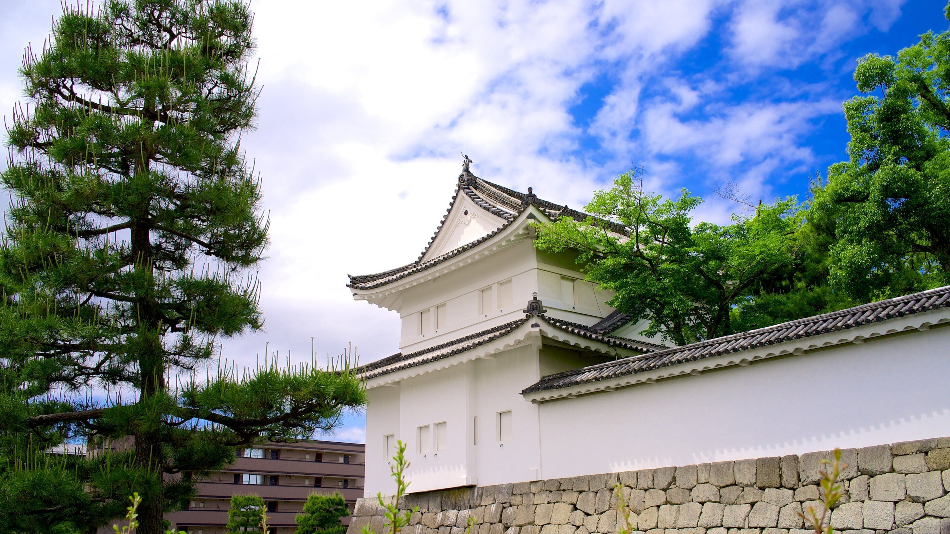 A traditional Japanese building with a tiled roof and white walls, surrounded by trees and a stone wall.