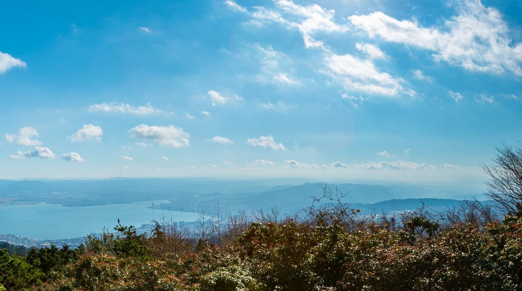 Beautiful Panorama landscape southern west side of lake Biwa (Biwako) and cityscape of Otsu-shi from a mountain top of Hieizan (Mt. Hiei), Shiga, Japan.
