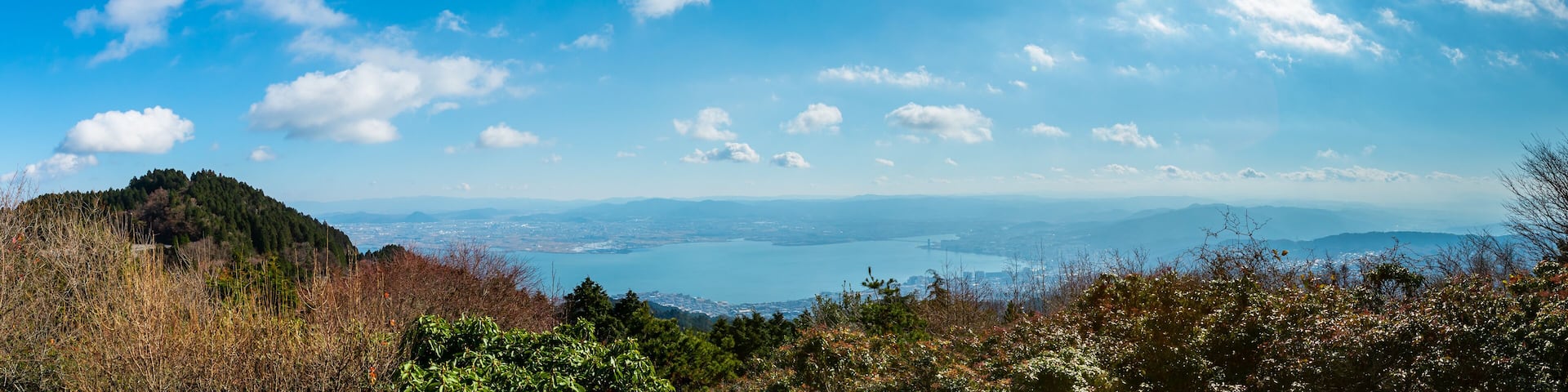 Beautiful Panorama landscape southern west side of lake Biwa (Biwako) and cityscape of Otsu-shi from a mountain top of Hieizan (Mt. Hiei), Shiga, Japan.