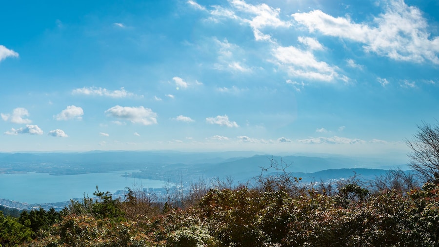 Beautiful Panorama landscape southern west side of lake Biwa (Biwako) and cityscape of Otsu-shi from a mountain top of Hieizan