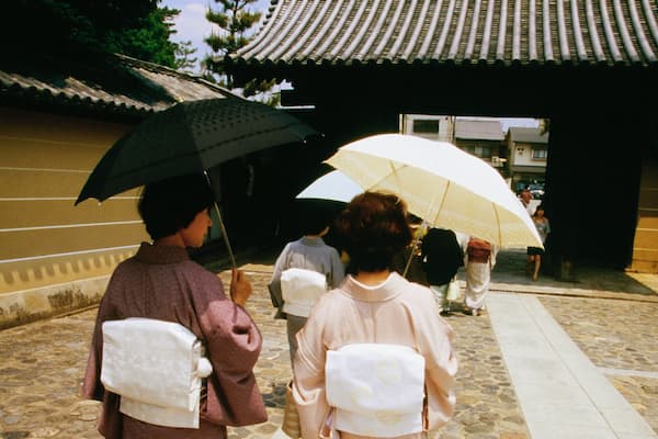 Rear view of two mid adult women walking on a walkway, Daitokuji Temple, Kyoto, Japan