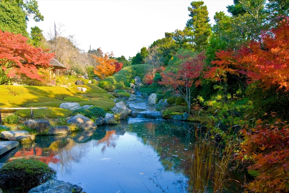 A serene garden with a pond, autumn foliage, and traditional Japanese elements.