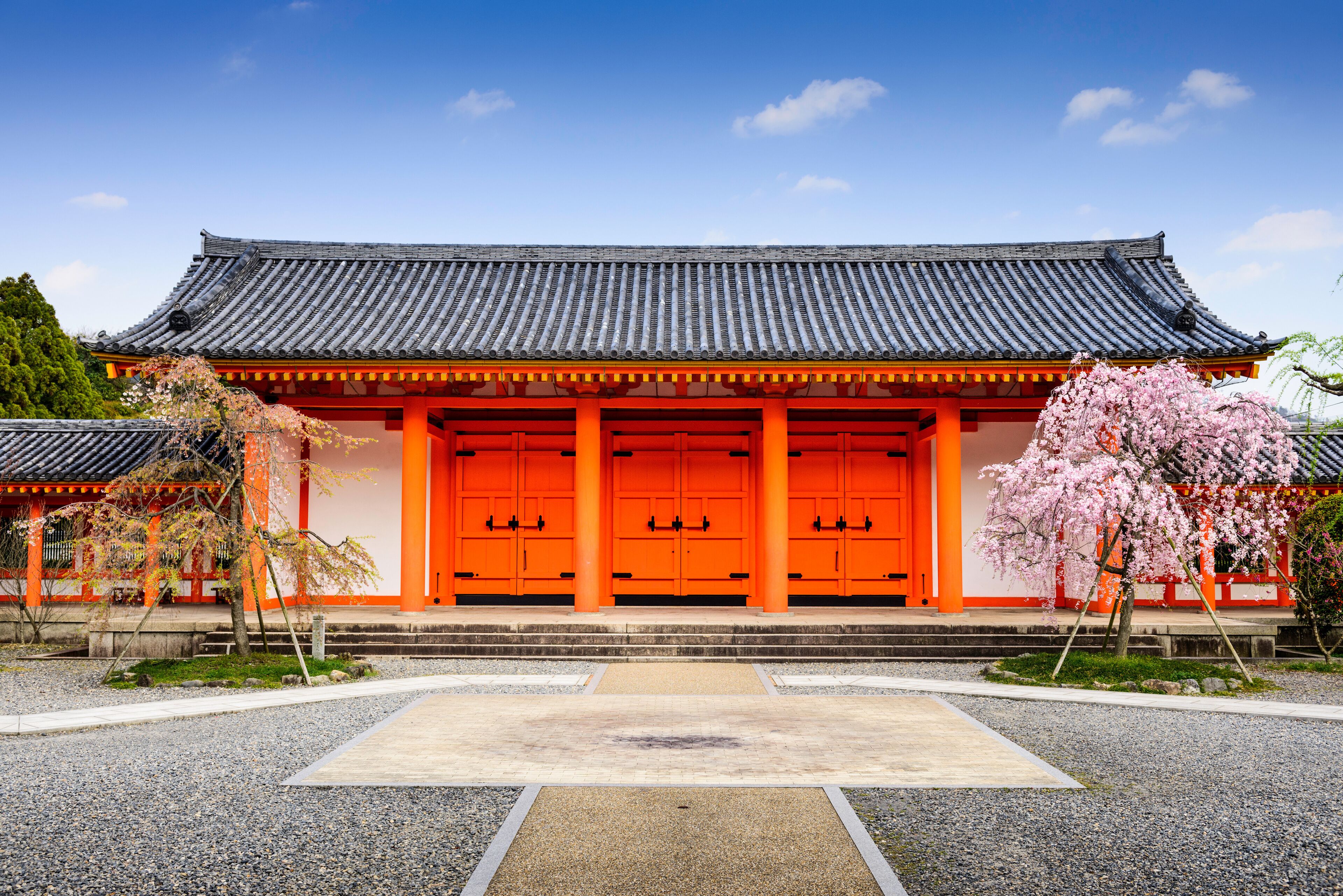 Temple Gate of Sanjusangendo Hall in Kyoto, Japan during spring.