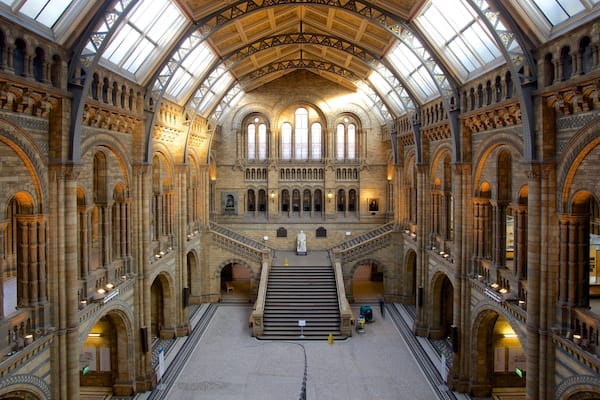 Un vaste hall doté de hauts plafonds en voûte, de fenêtres en arc de cercle et d’un escalier central.
