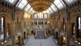 Un vaste hall doté de hauts plafonds en voûte, de fenêtres en arc de cercle et d’un escalier central.