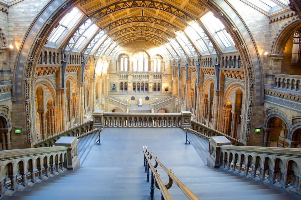 A grand cathedral interior with a high arched ceiling, intricate stonework, and a central staircase.