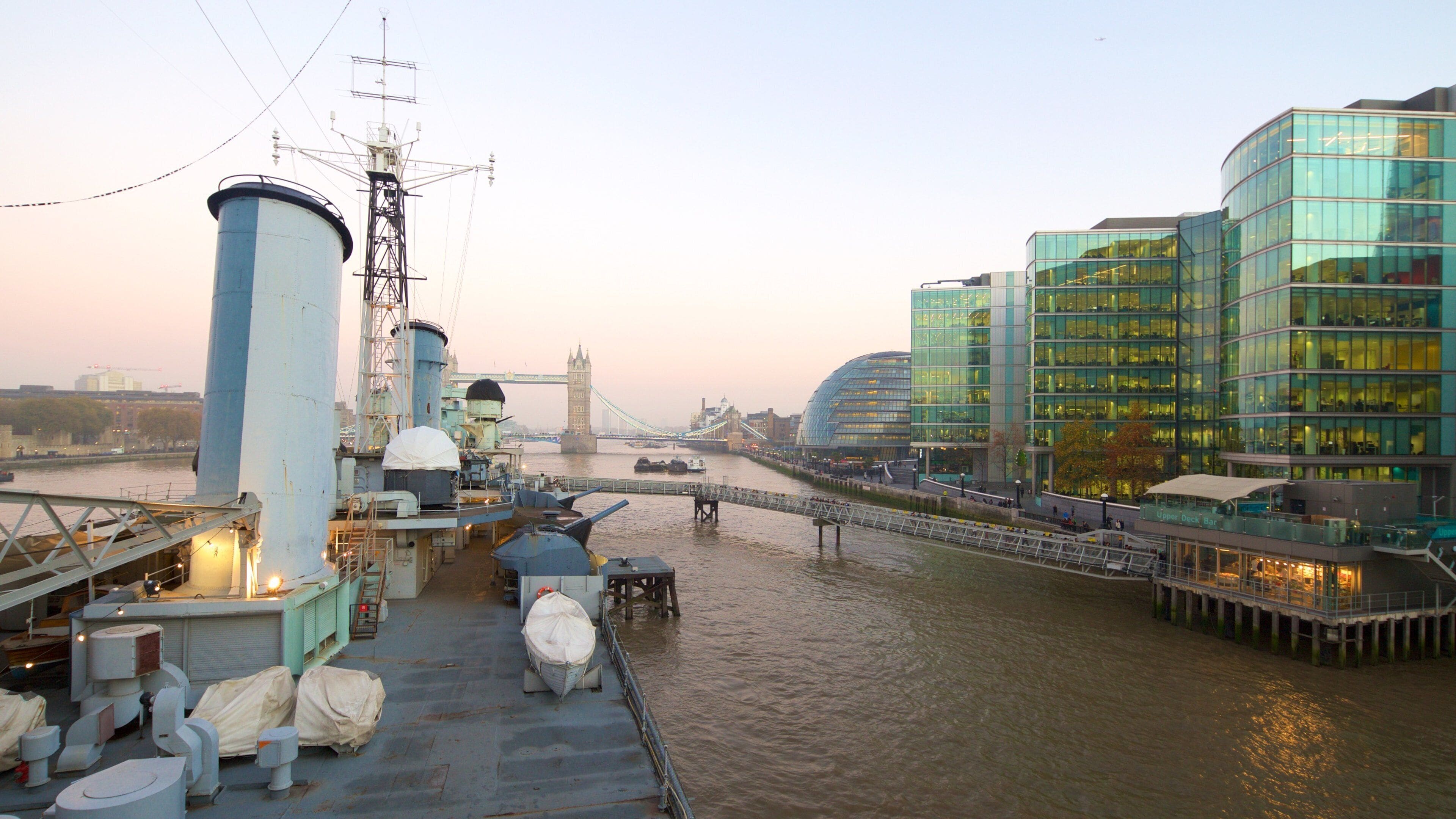 HMS Belfast showing a river or creek, a bridge and a hotel
