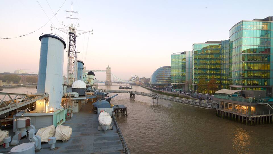 HMS Belfast showing a river or creek, a bridge and a hotel