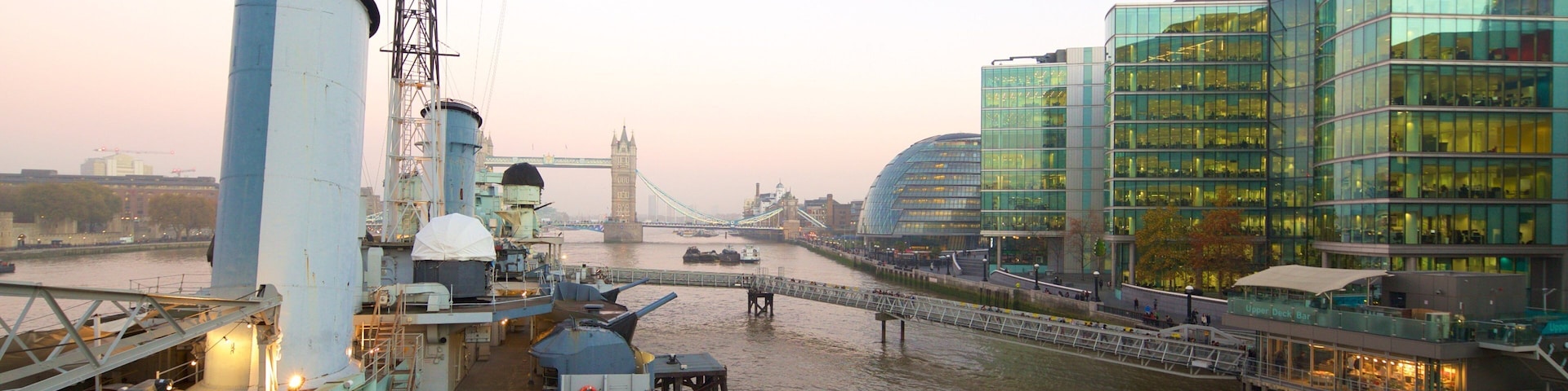 HMS Belfast showing a river or creek, a bridge and a hotel