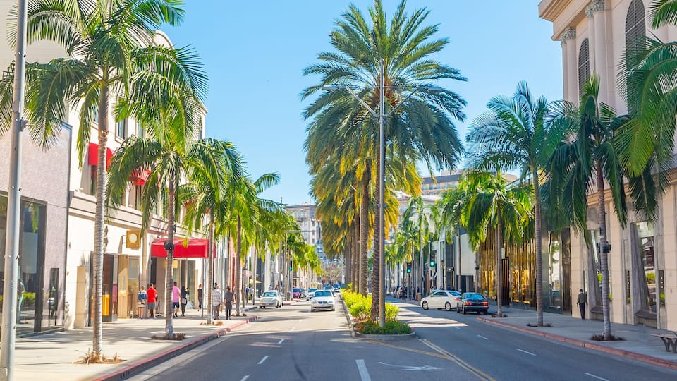 Stores and palm trees in world famous Rodeo Drive in Beverly Hills