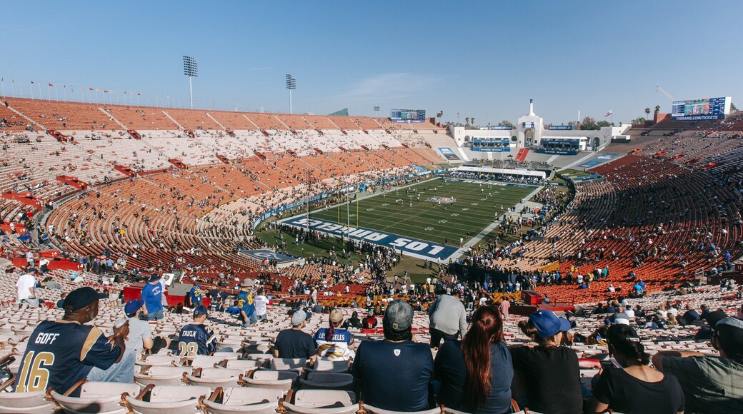 Los Angeles Memorial Coliseum showing landscape views and a sporting event